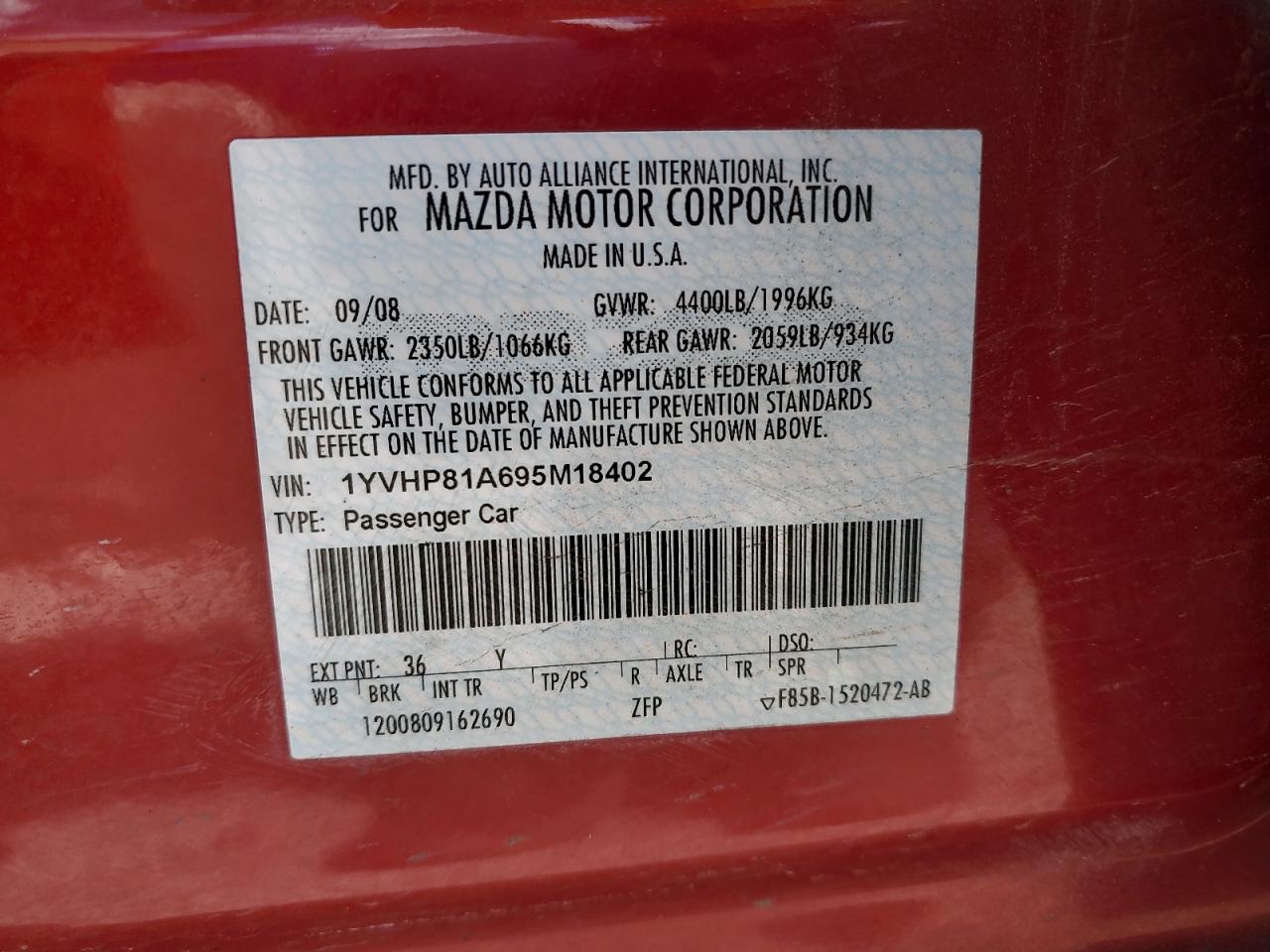 1YVHP81A695M18402 2009 Mazda 6 I