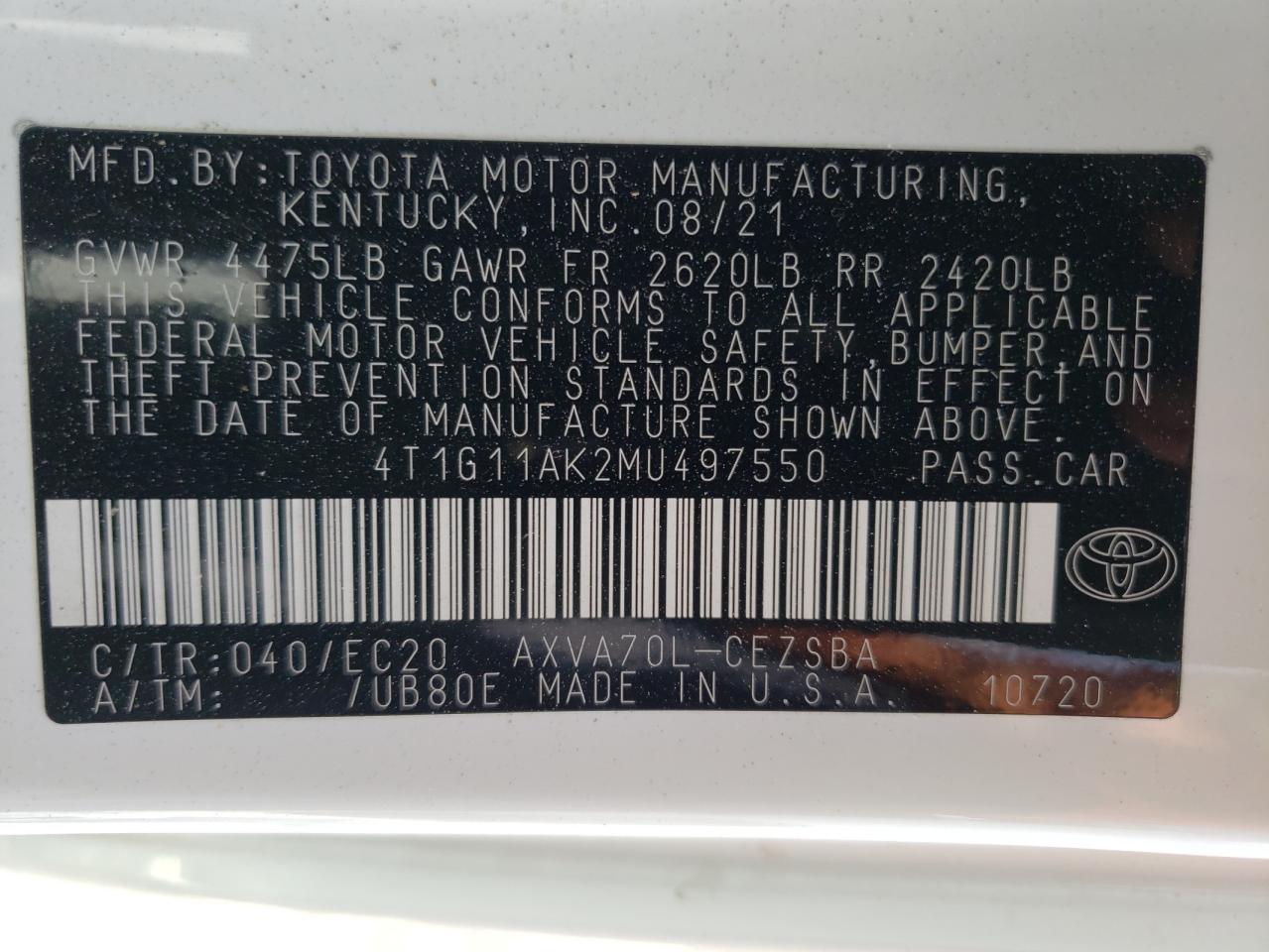 4T1G11AK2MU497550 2021 Toyota Camry Se