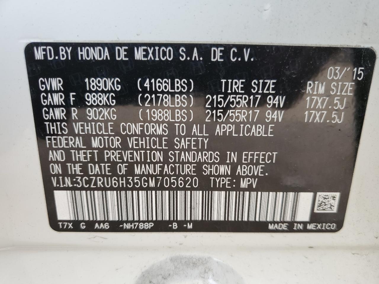 3CZRU6H35GM705620 2016 Honda Hr-V Lx