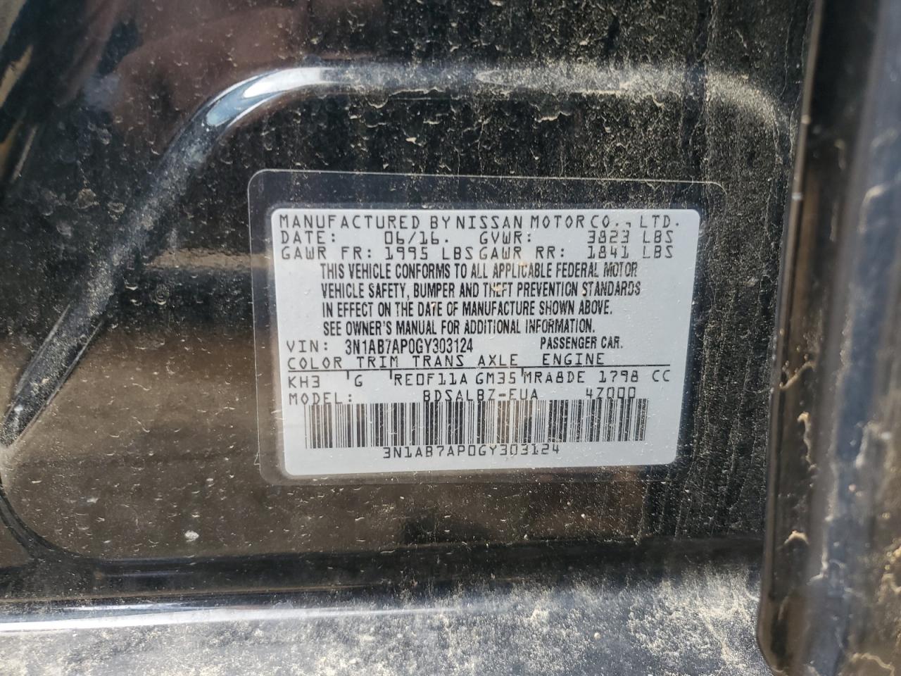 3N1AB7AP0GY303124 2016 Nissan Sentra S