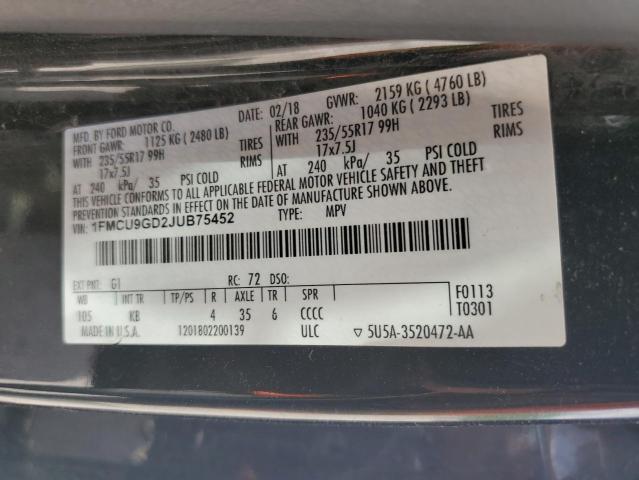 2018 Ford Escape Se VIN: 1FMCU9GD2JUB75452 Lot: 54164364