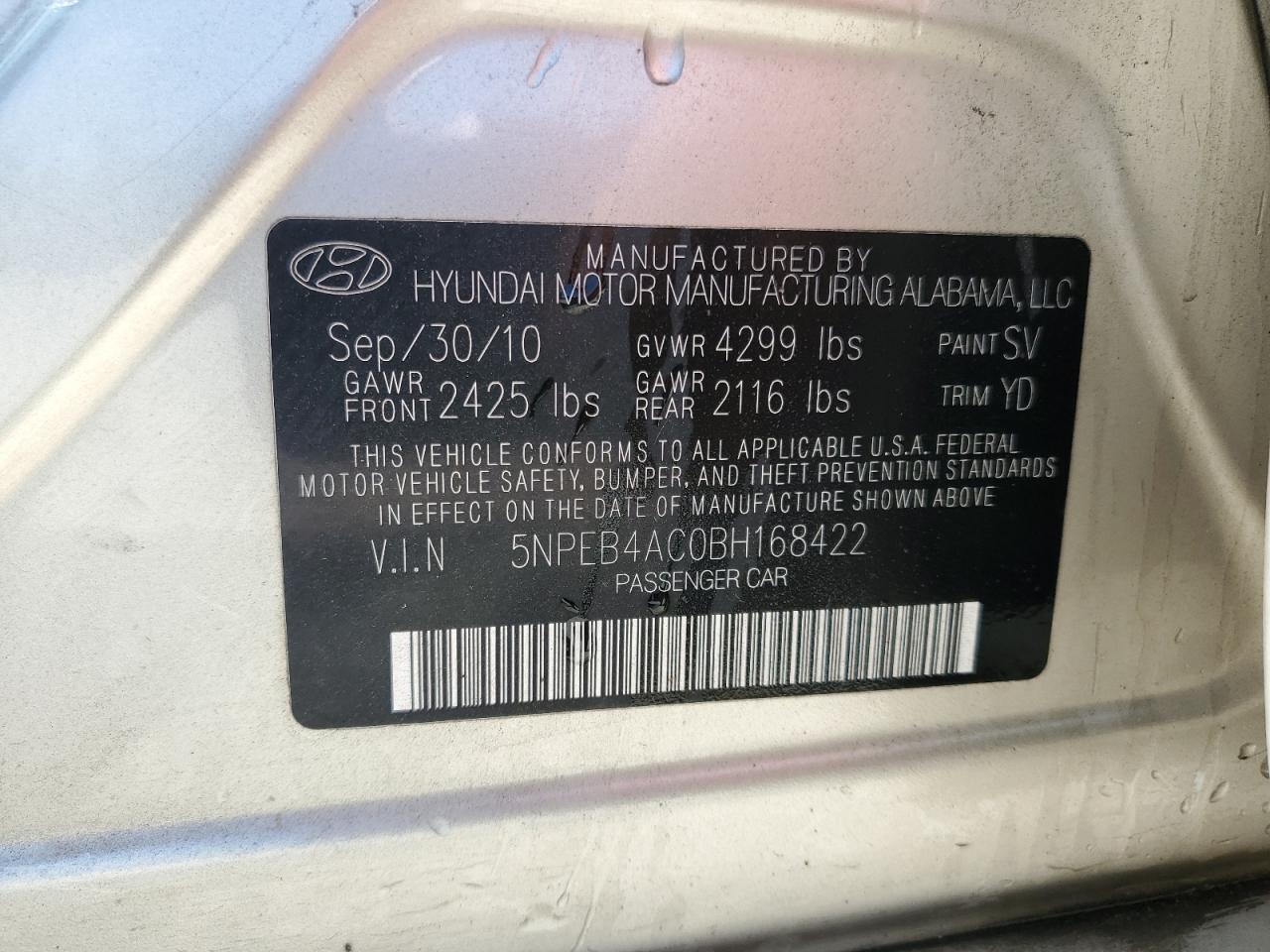 5NPEB4AC0BH168422 2011 Hyundai Sonata Gls