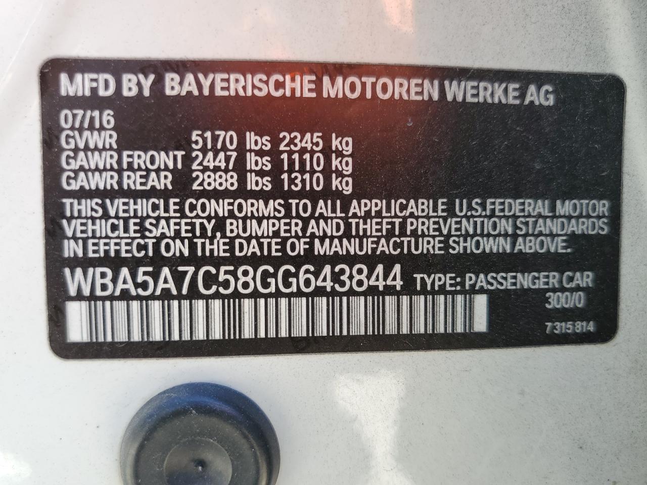 WBA5A7C58GG643844 2016 BMW 528 Xi