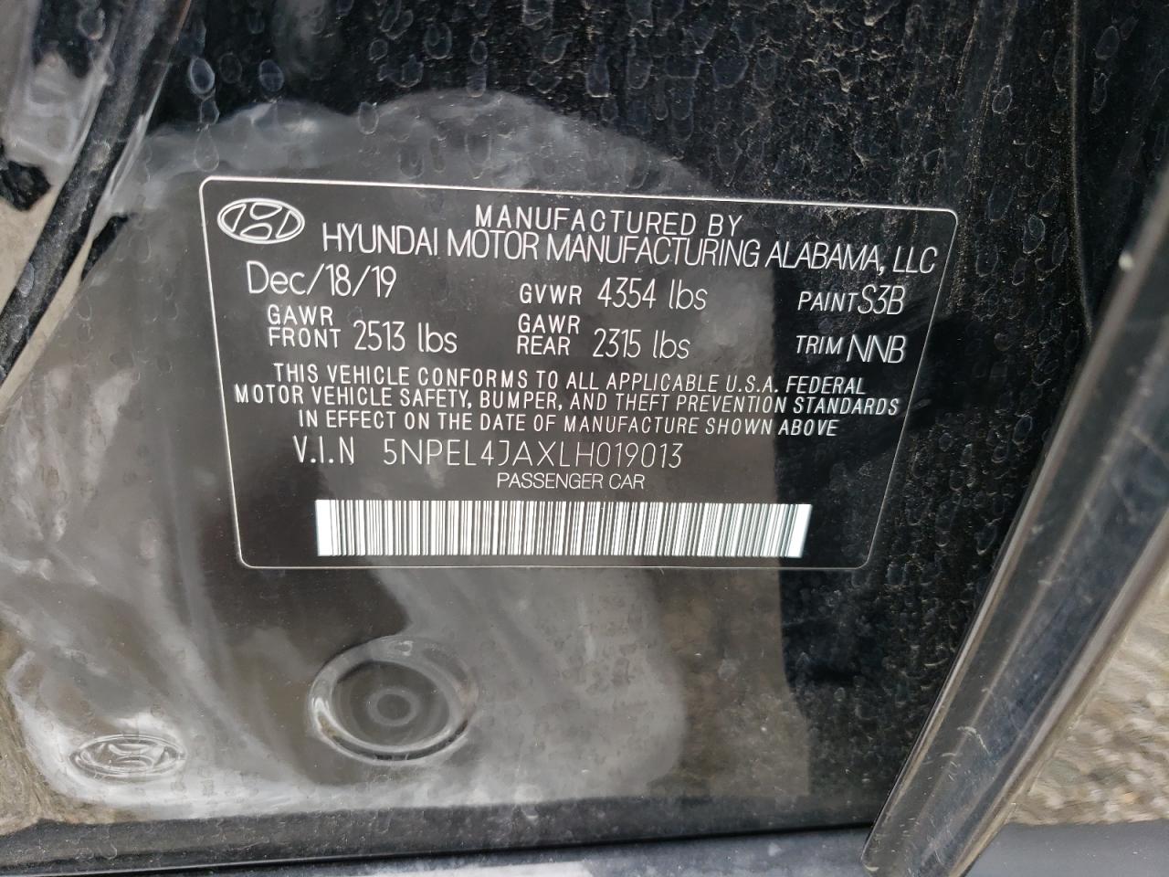 5NPEL4JAXLH019013 2020 Hyundai Sonata Sel