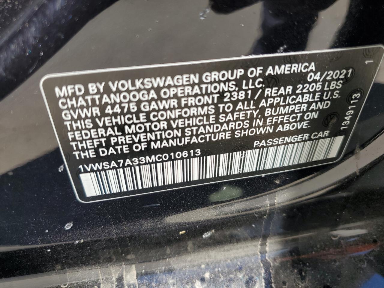 2021 Volkswagen Passat Se vin: 1VWSA7A33MC010613