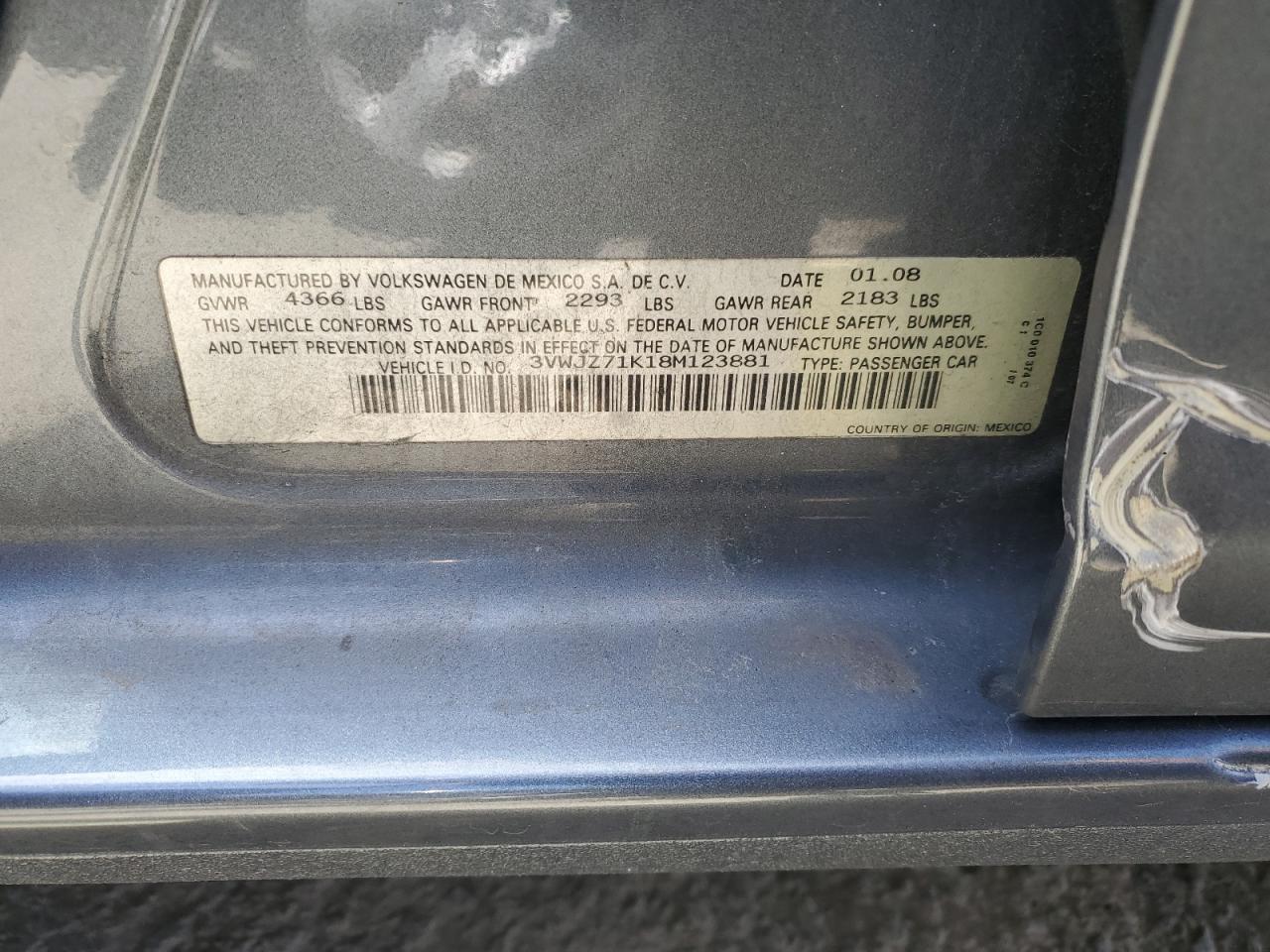 3VWJZ71K18M123881 2008 Volkswagen Jetta S