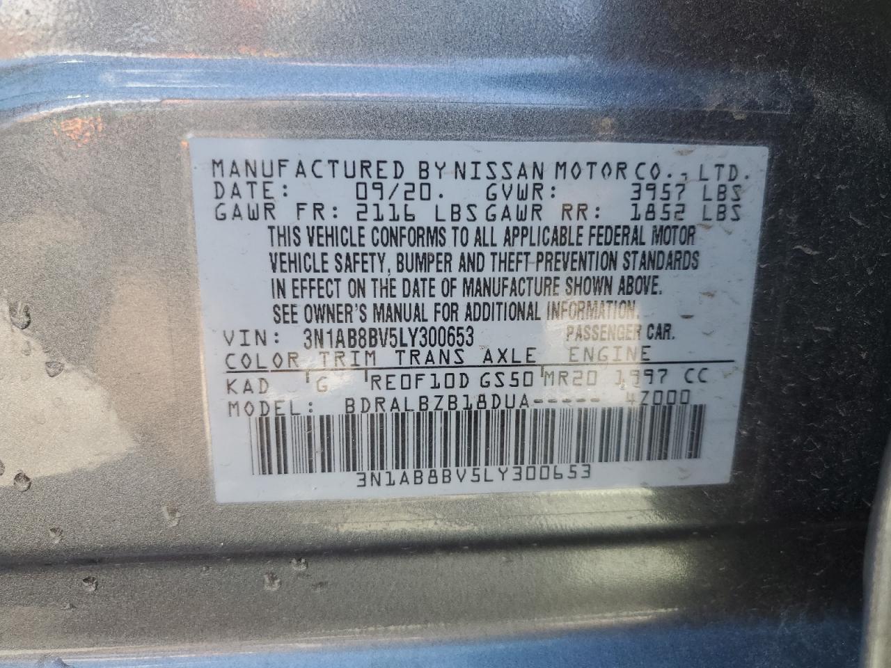 3N1AB8BV5LY300653 2020 Nissan Sentra S