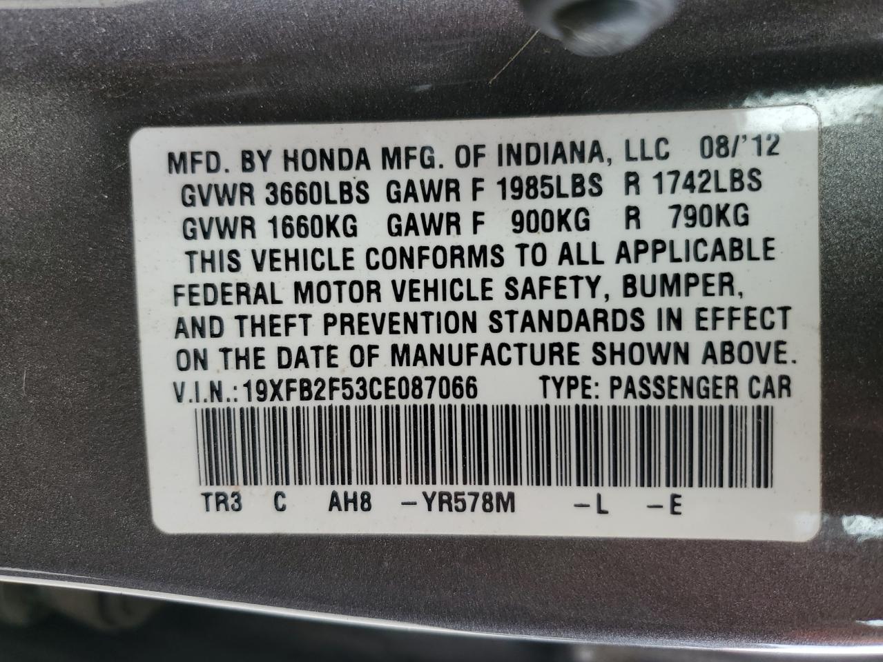 19XFB2F53CE087066 2012 Honda Civic Lx