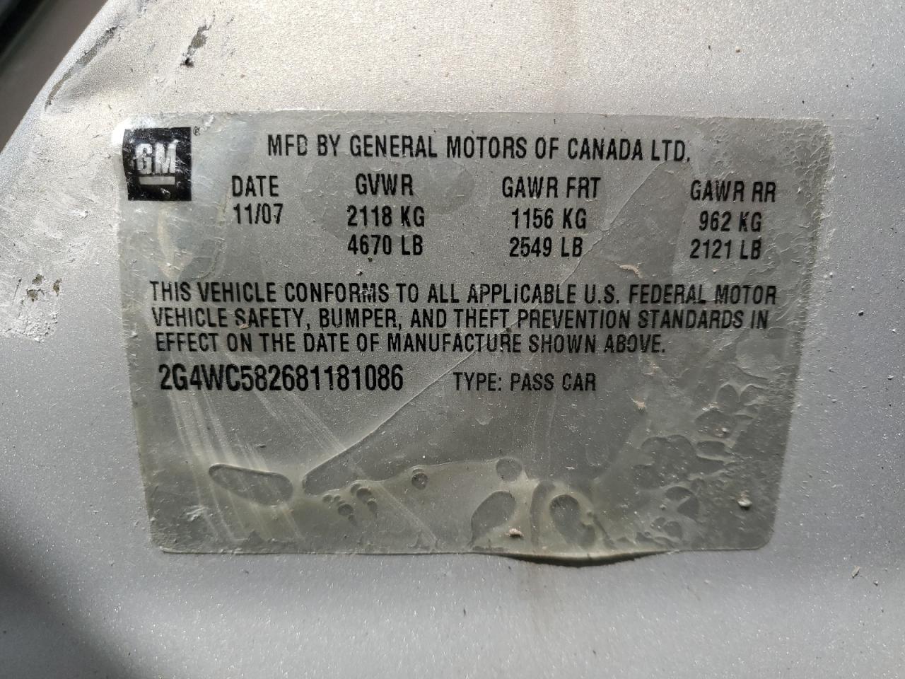 2G4WC582681181086 2008 Buick Lacrosse Cx