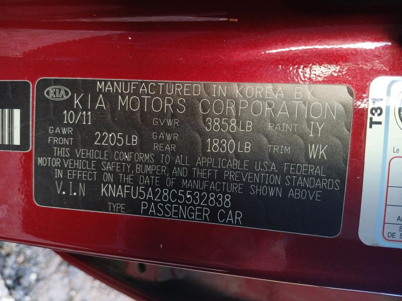 KNAFU5A28C5532838 2012 Kia Forte Ex