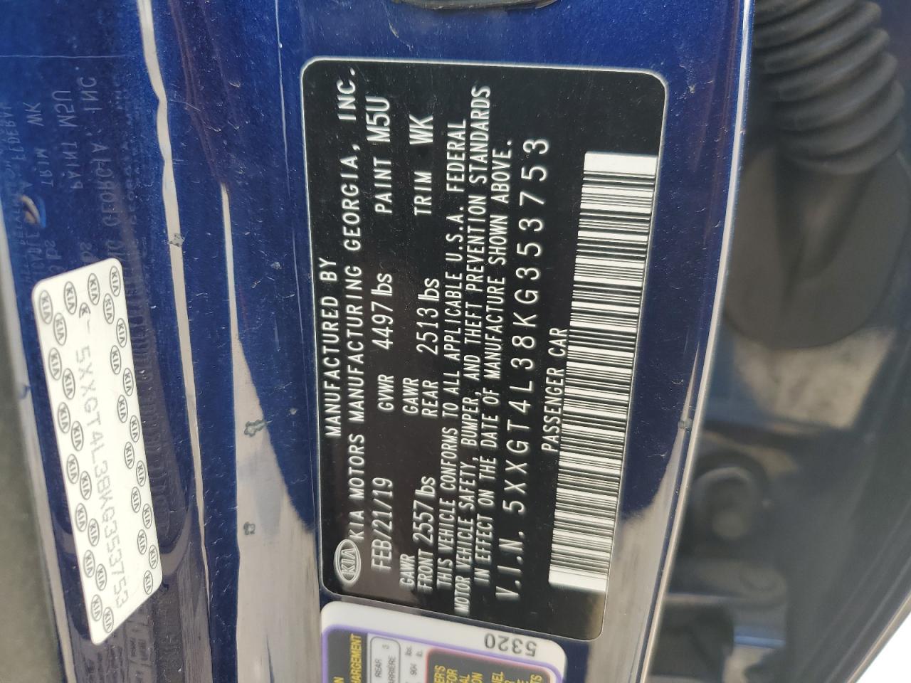 5XXGT4L38KG353753 2019 Kia Optima Lx