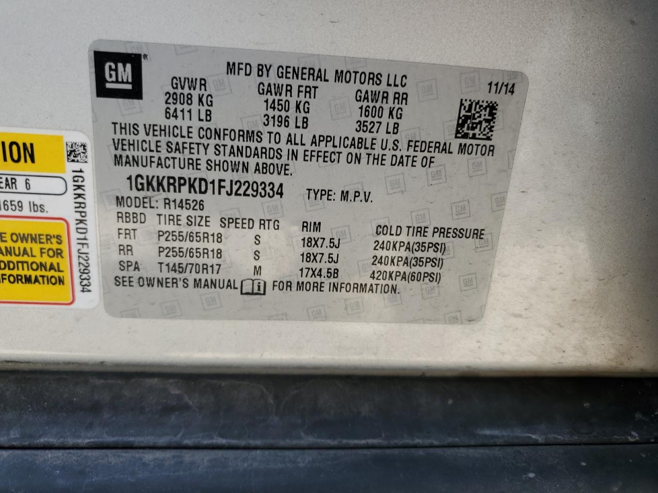 1GKKRPKD1FJ229334 2015 GMC Acadia Sle