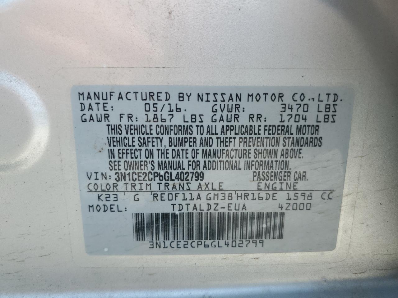 3N1CE2CP6GL402799 2016 Nissan Versa Note S