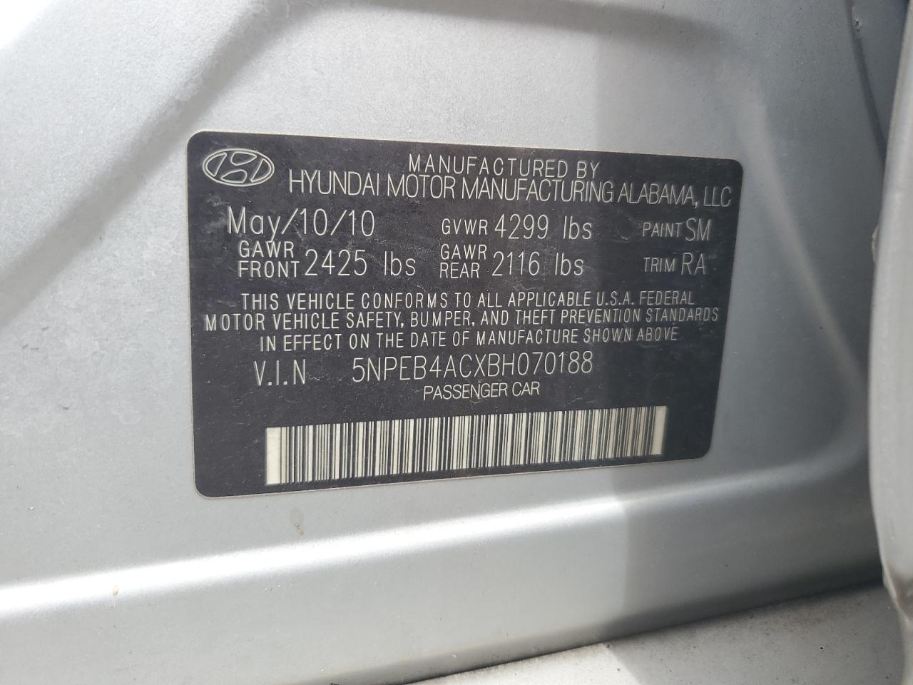 5NPEB4ACXBH070188 2011 Hyundai Sonata Gls