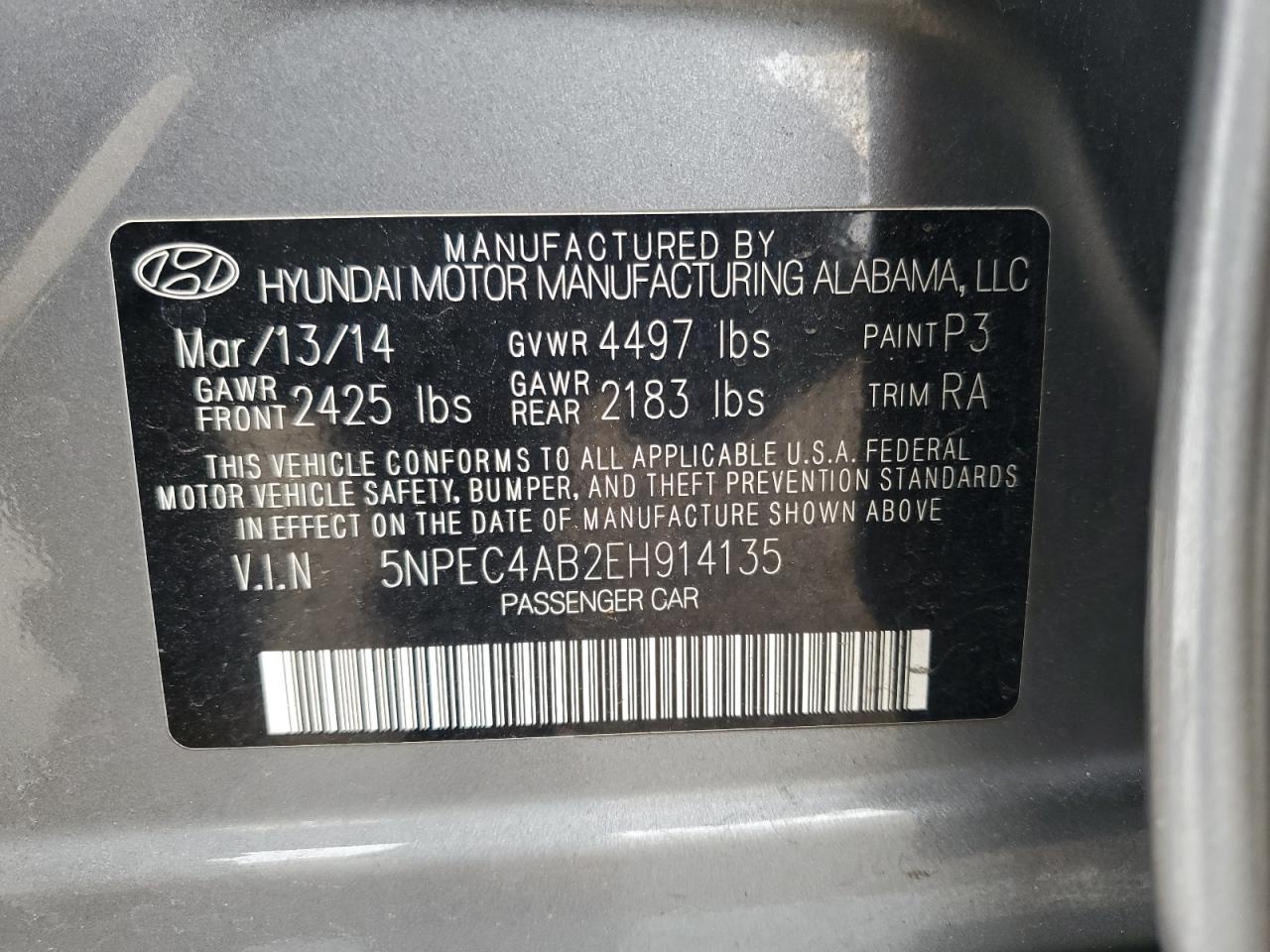 5NPEC4AB2EH914135 2014 Hyundai Sonata Se