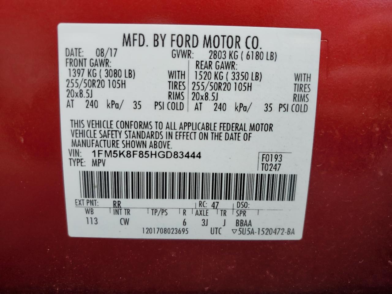 1FM5K8F85HGD83444 2017 Ford Explorer Limited