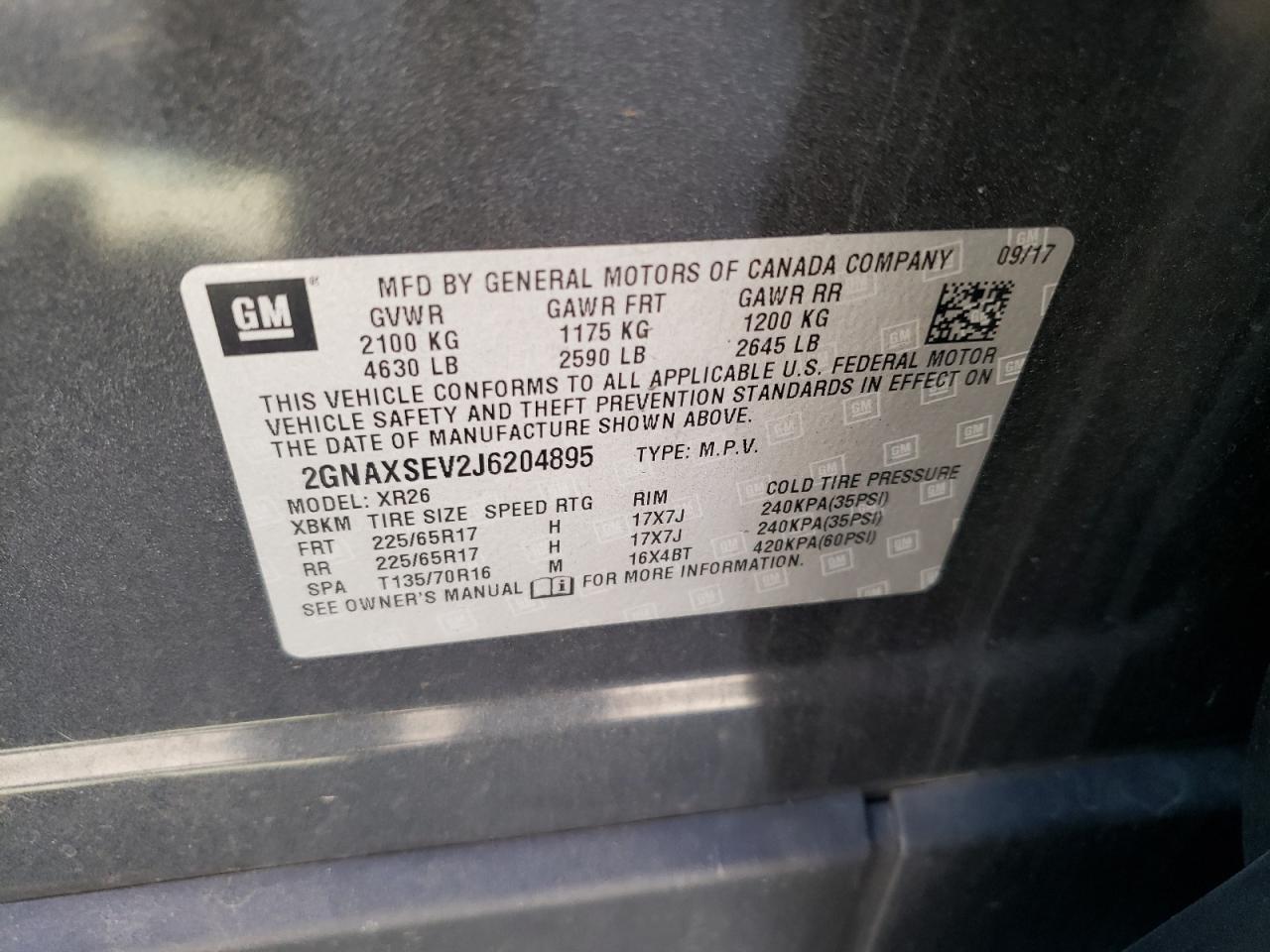 2GNAXSEV2J6204895 2018 Chevrolet Equinox Lt