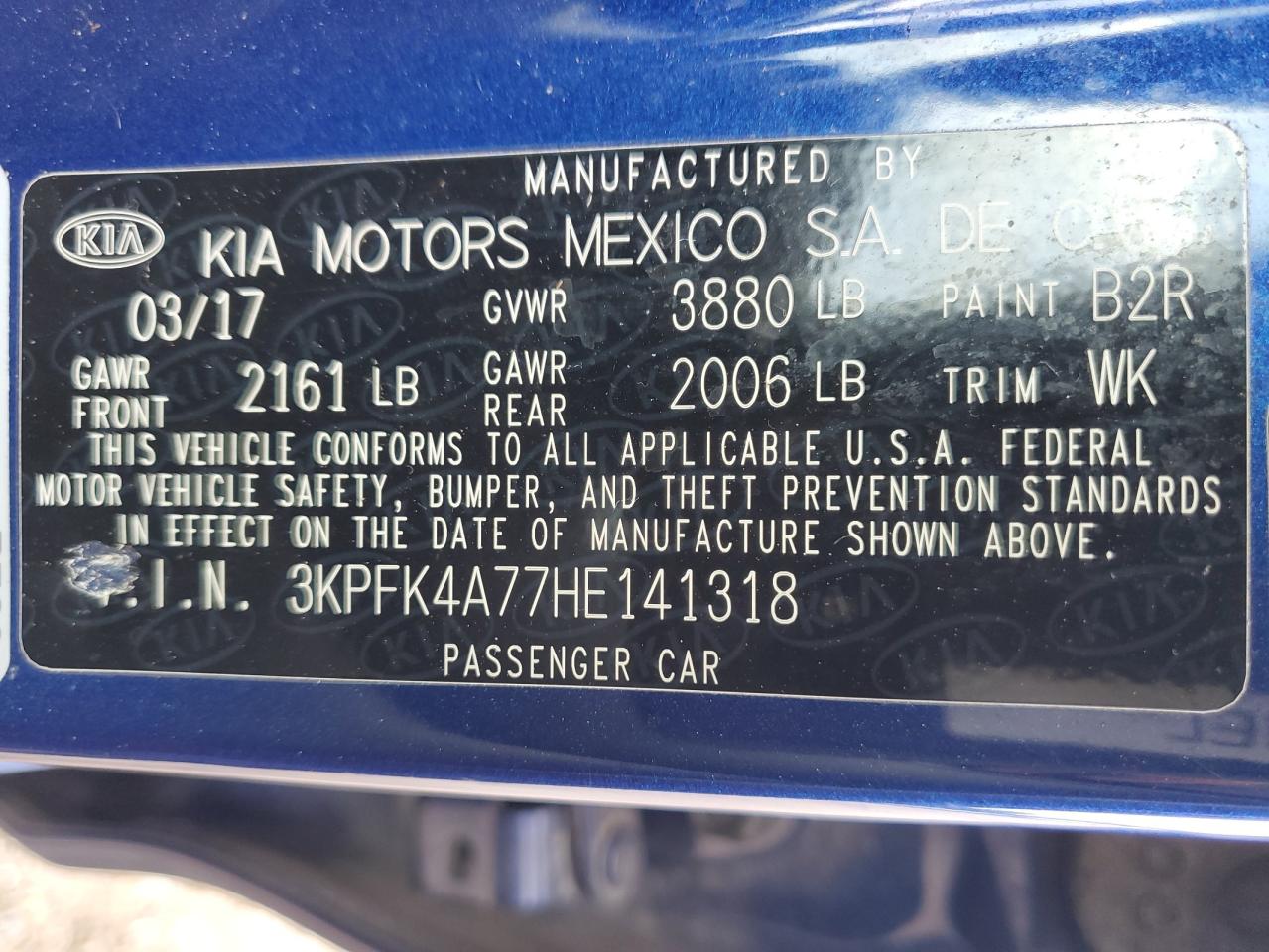 3KPFK4A77HE141318 2017 Kia Forte Lx