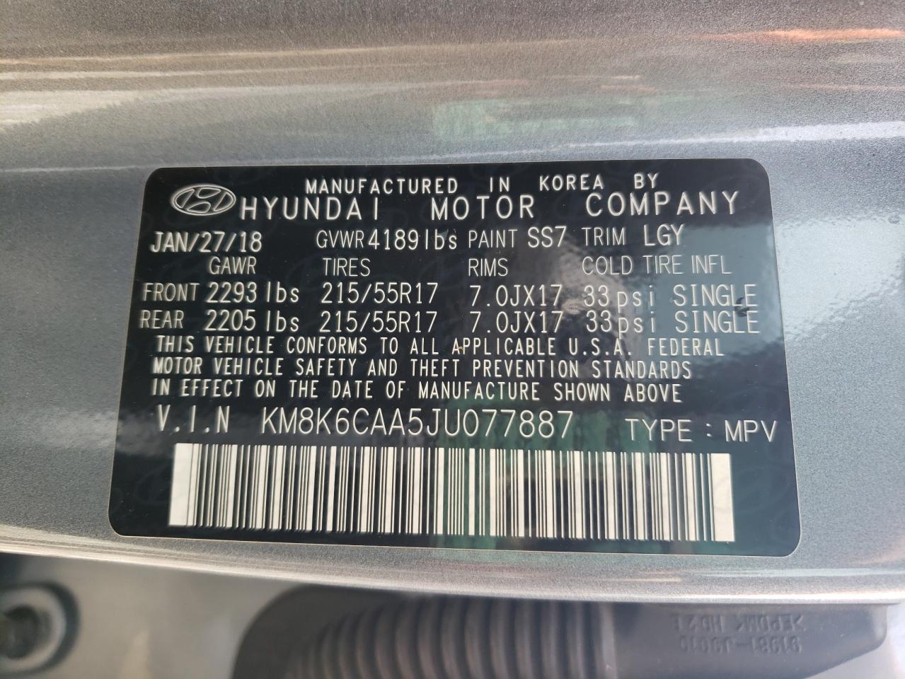 2018 Hyundai Kona Sel vin: KM8K6CAA5JU077887