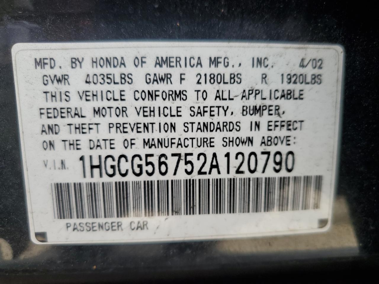 1HGCG56752A120790 2002 Honda Accord Se