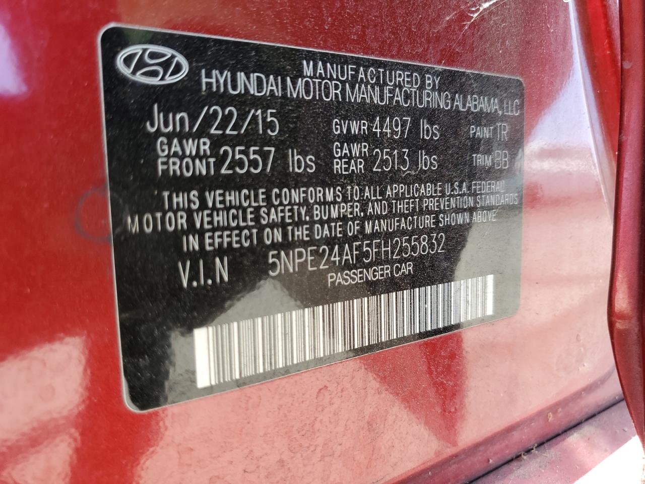 5NPE24AF5FH255832 2015 Hyundai Sonata Se