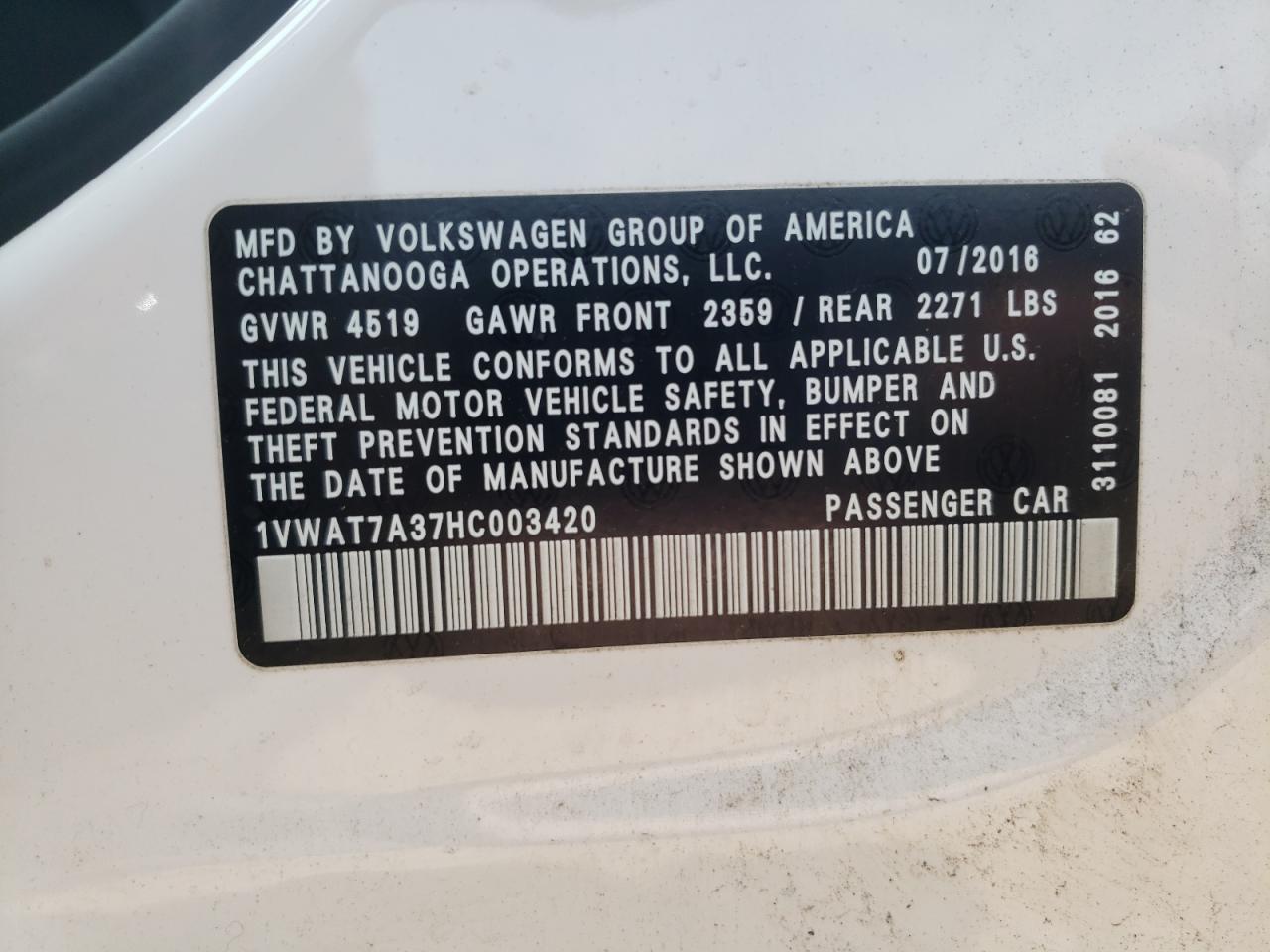 1VWAT7A37HC003420 2017 Volkswagen Passat S