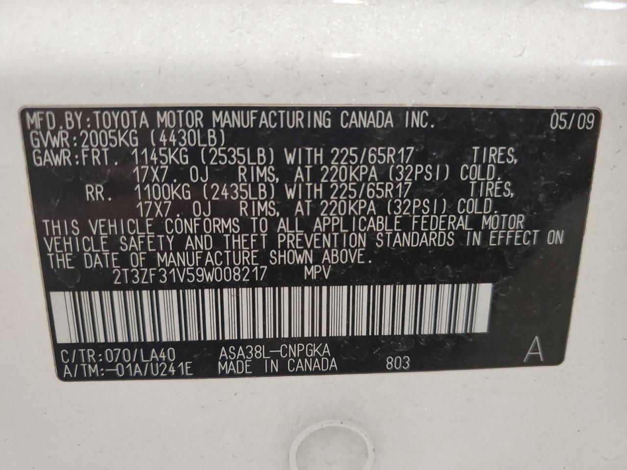 2T3ZF31V59W008217 2009 Toyota Rav4 Limited