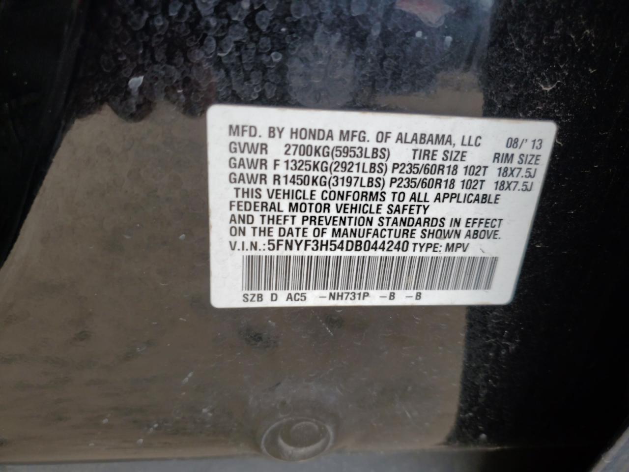 5FNYF3H54DB044240 2013 Honda Pilot Exl