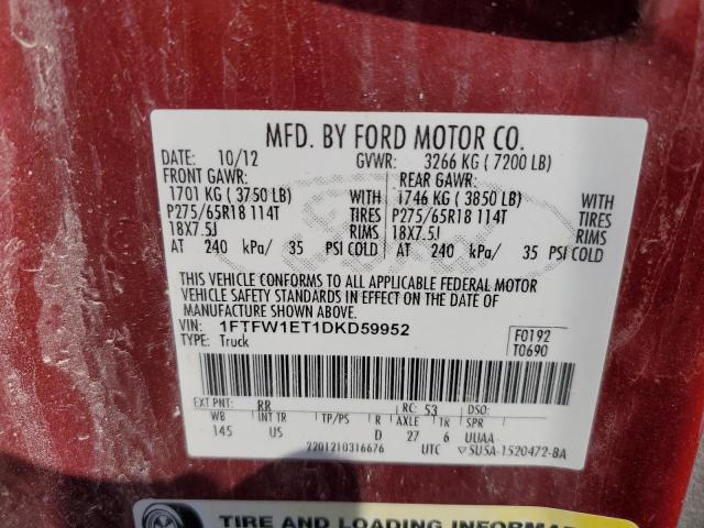 2013 Ford F150 Supercrew VIN: 1FTFW1ET1DKD59952 Lot: 54738794