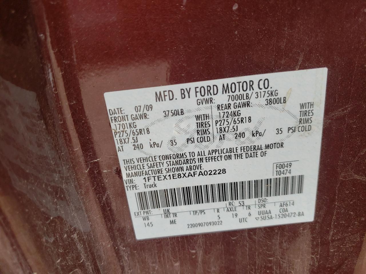 1FTEX1E8XAFA02228 2010 Ford F150 Super Cab