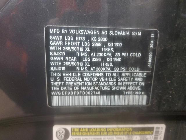 2015 Volkswagen Touareg V6 VIN: WVGEF9BP9FD002748 Lot: 54384964