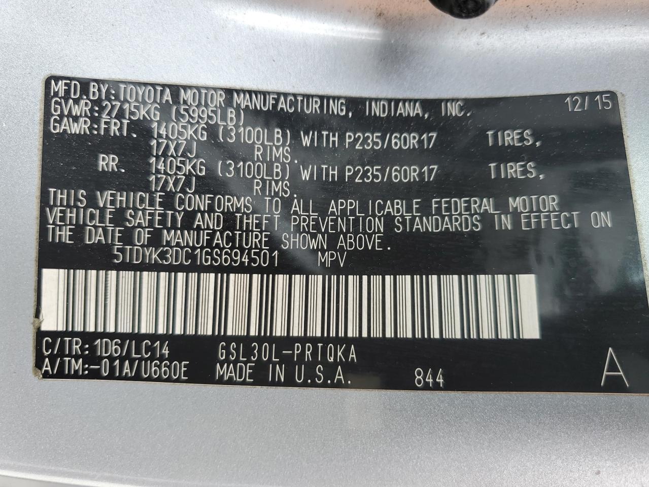 5TDYK3DC1GS694501 2016 Toyota Sienna Xle