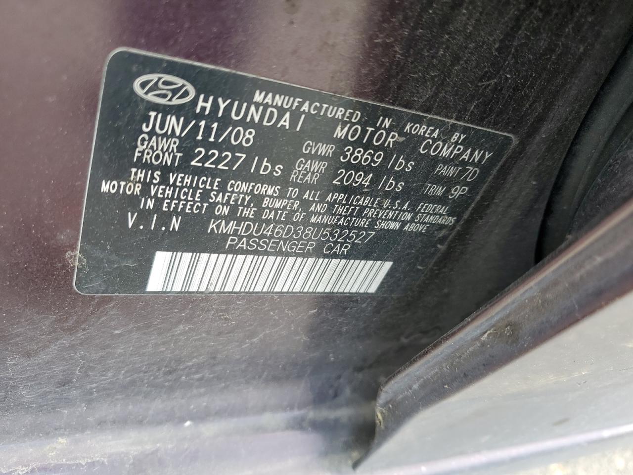 KMHDU46D38U532527 2008 Hyundai Elantra Gls