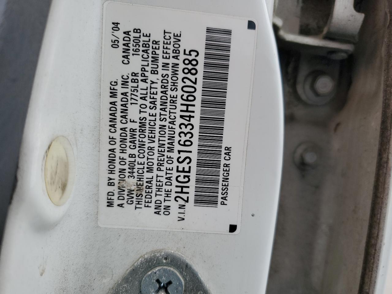 2HGES16334H602885 2004 Honda Civic Dx Vp