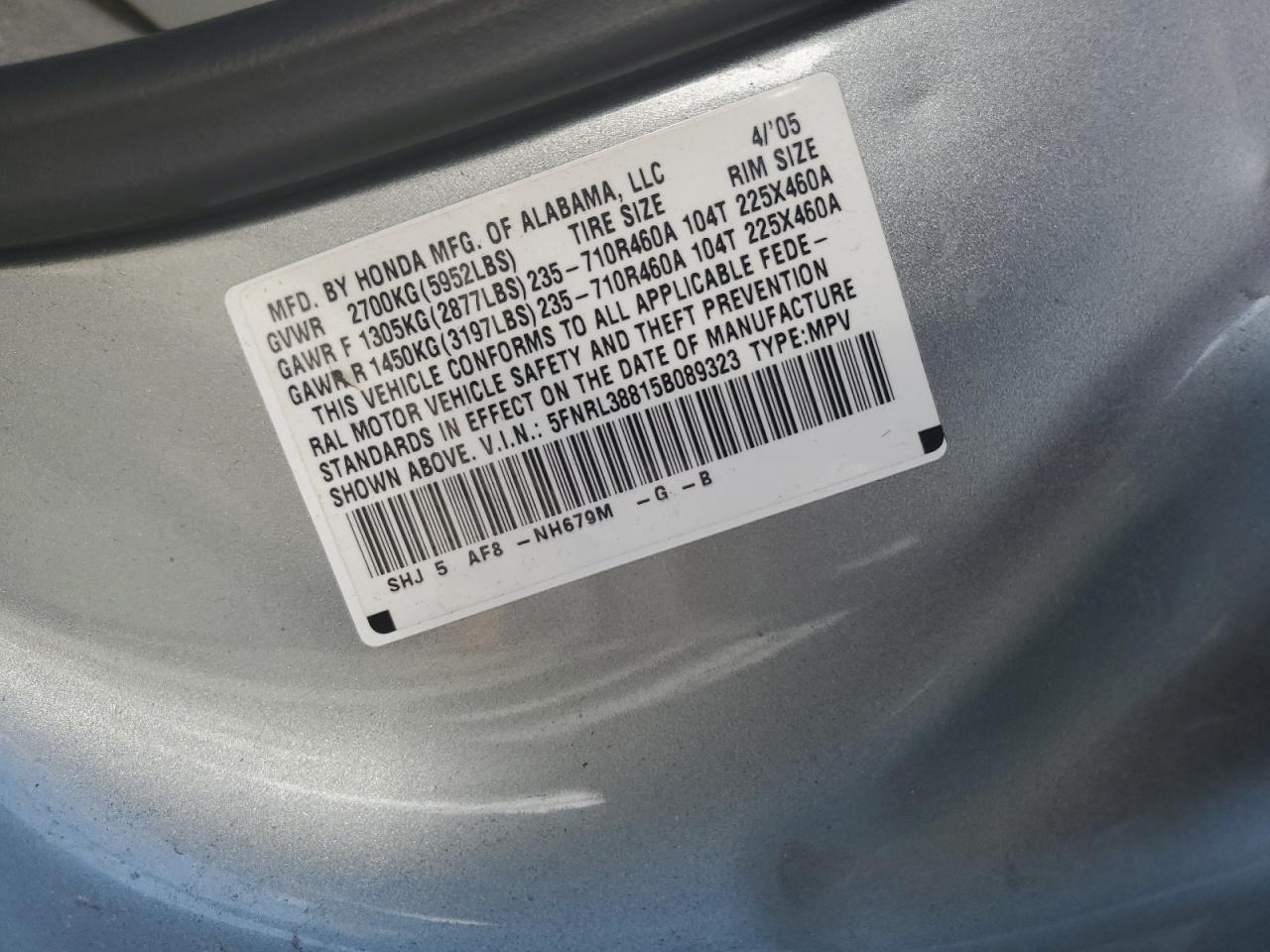 5FNRL38815B089323 2005 Honda Odyssey Touring