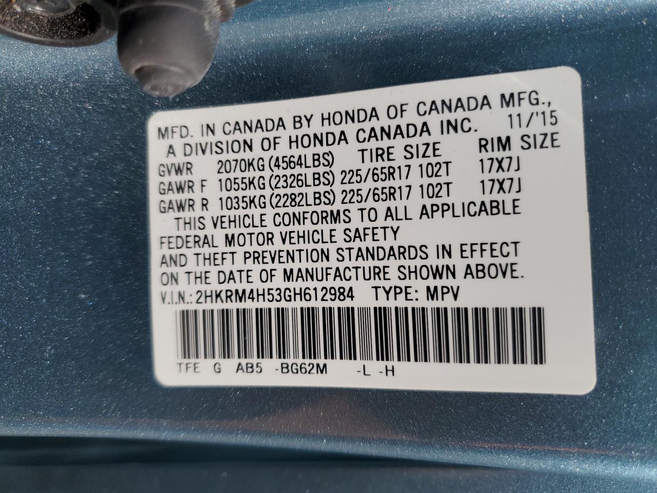 2HKRM4H53GH612984 2016 Honda Cr-V Ex