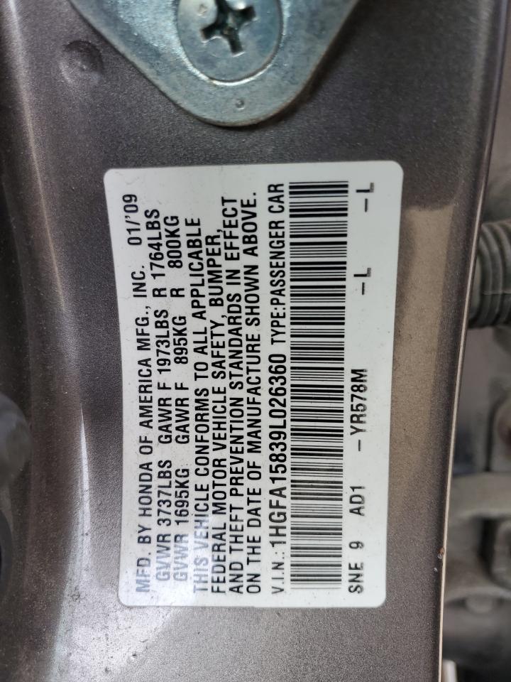 1HGFA15839L026360 2009 Honda Civic Ex