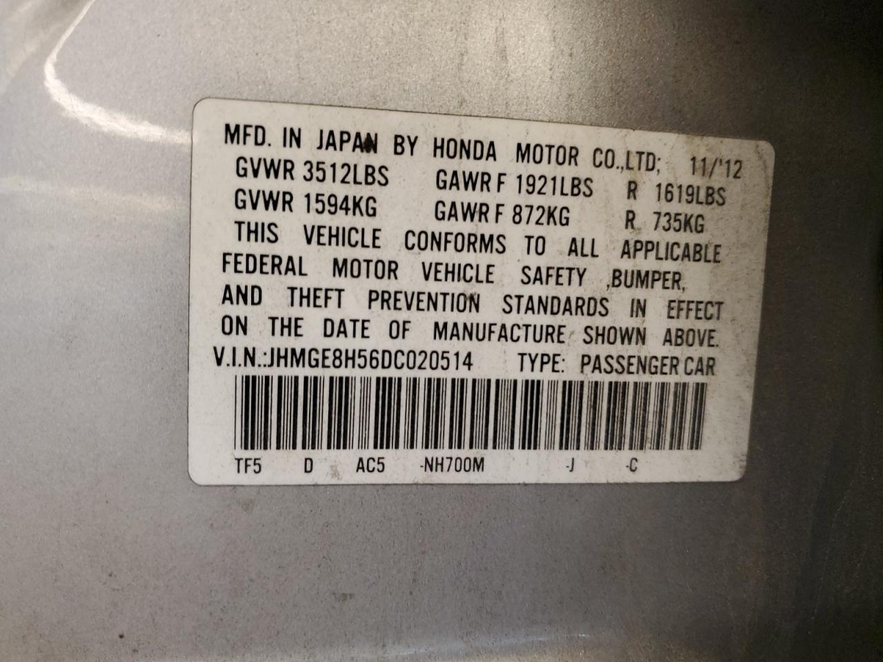 JHMGE8H56DC020514 2013 Honda Fit Sport