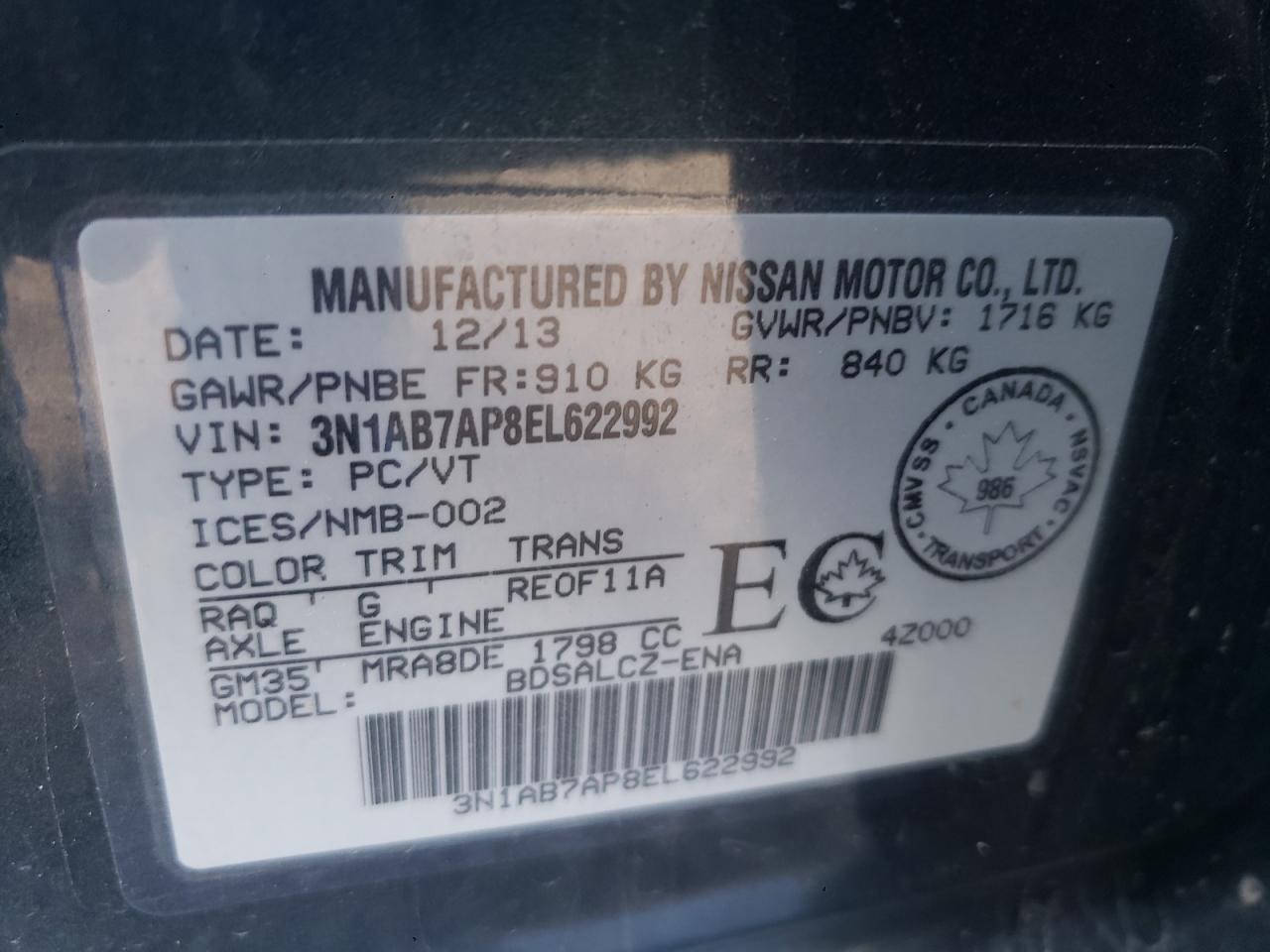 3N1AB7AP8EL622992 2014 Nissan Sentra S