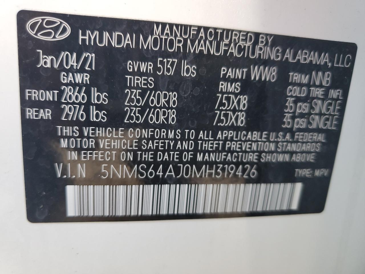 5NMS64AJ0MH319426 2021 Hyundai Santa Fe Sel