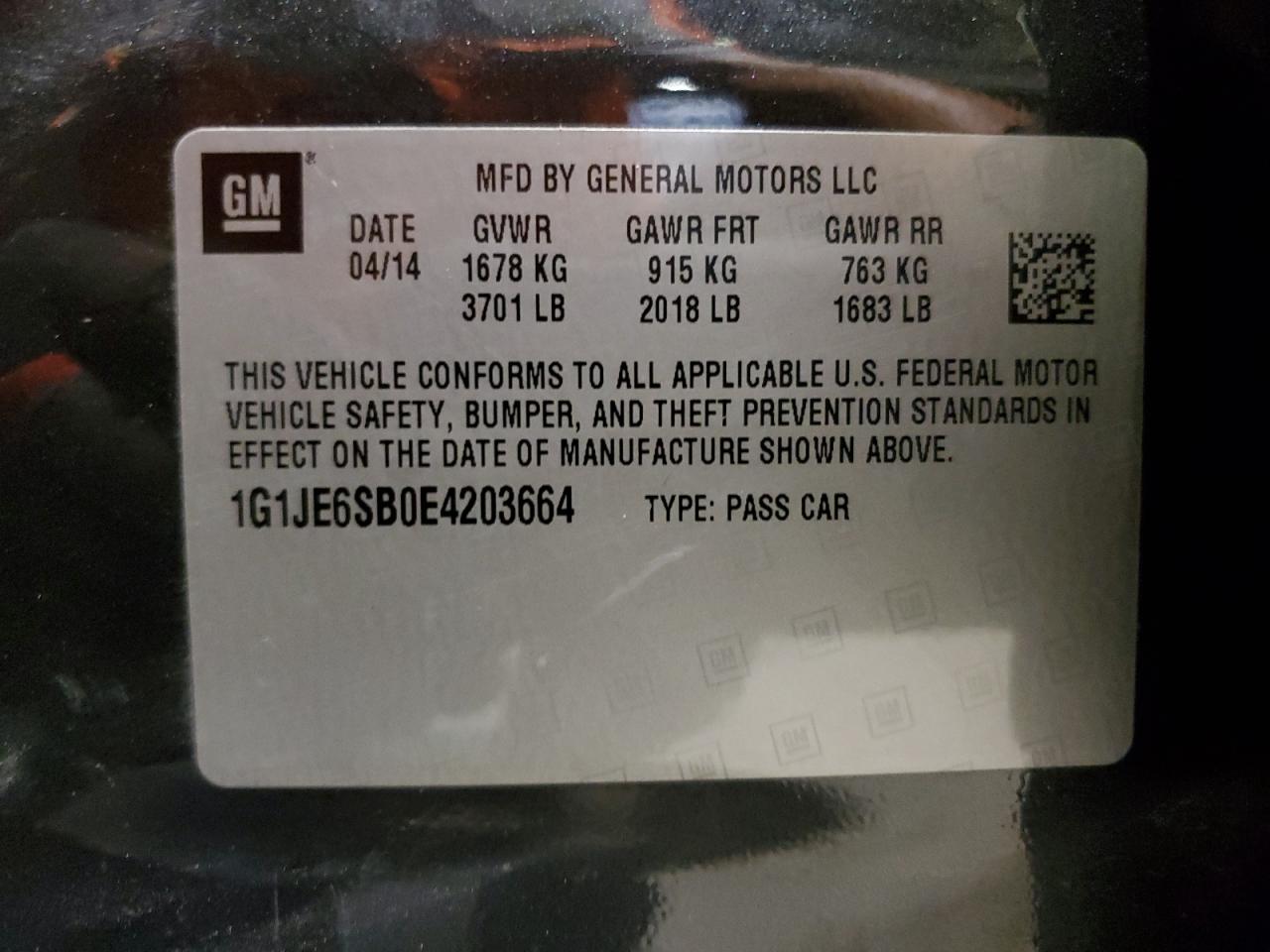 1G1JE6SB0E4203664 2014 Chevrolet Sonic Ltz