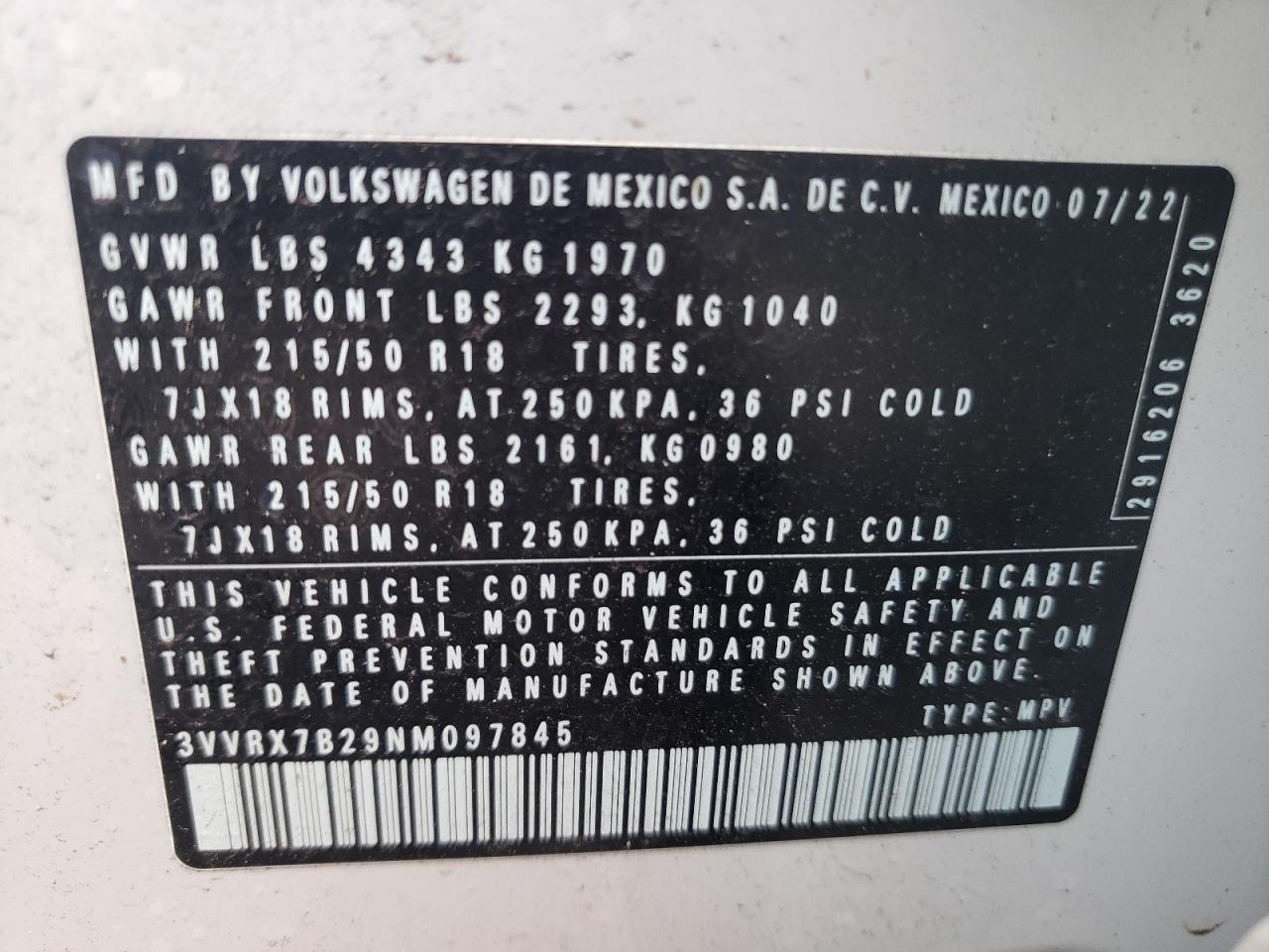 2022 Volkswagen Taos Se vin: 3VVRX7B29NM097845