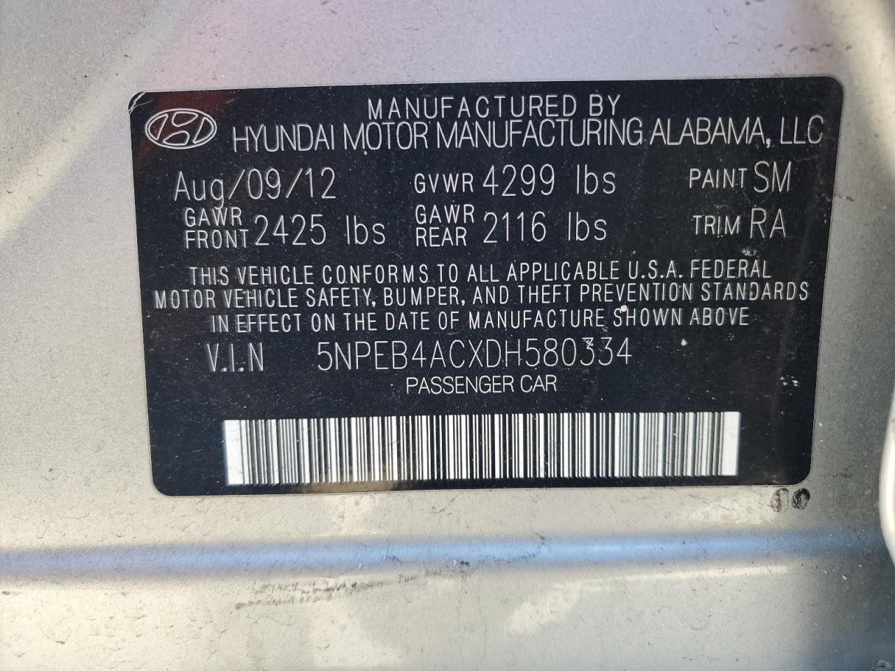 5NPEB4ACXDH580334 2013 Hyundai Sonata Gls