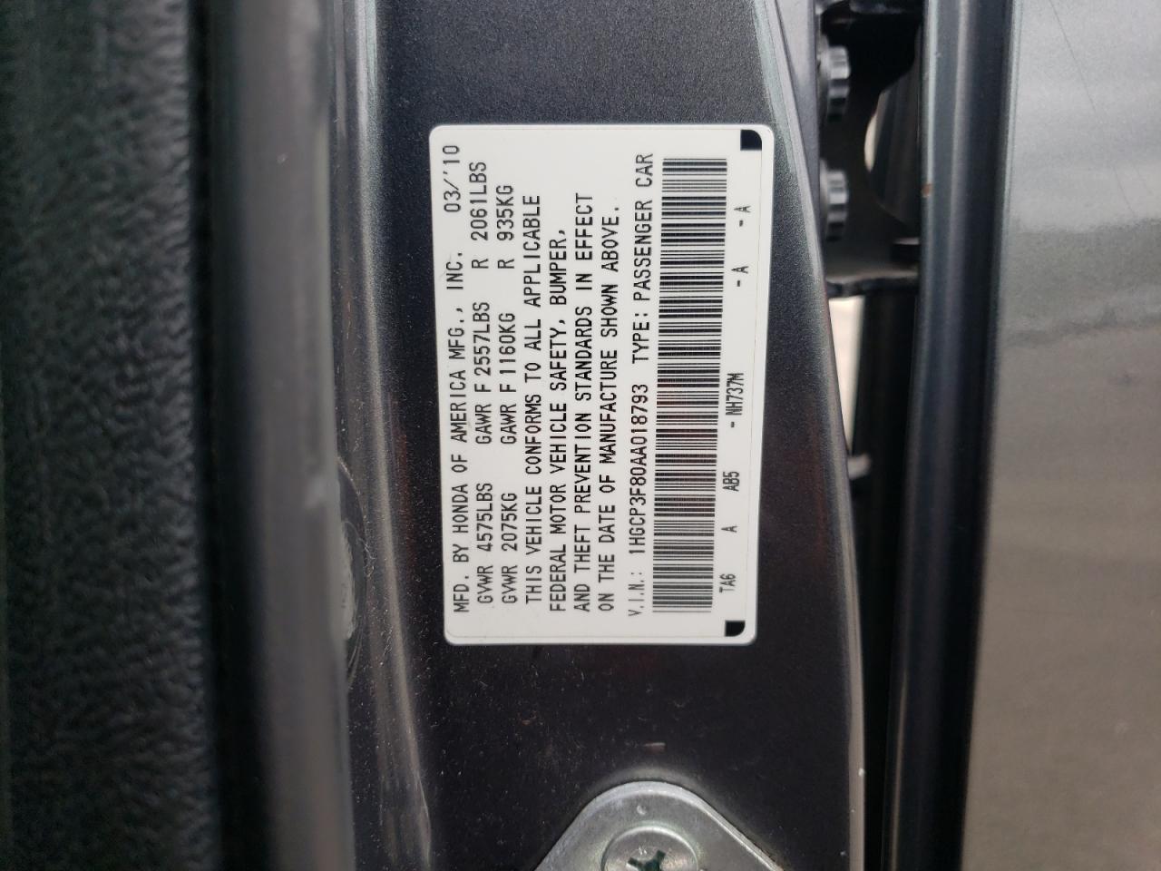 1HGCP3F80AA018793 2010 Honda Accord Exl