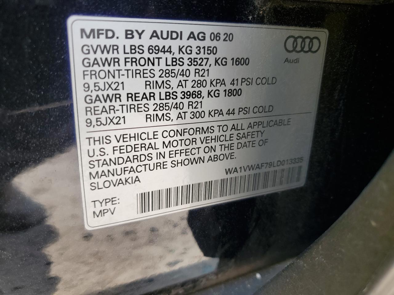 WA1VWAF79LD013335 2020 Audi Sq7 Prestige