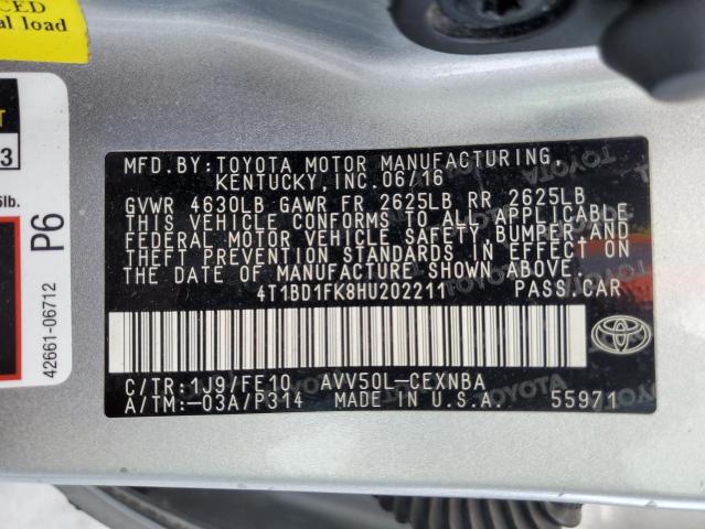 VIN 4T1BD1FK8HU202211 2017 Toyota Camry, Hybrid no.12