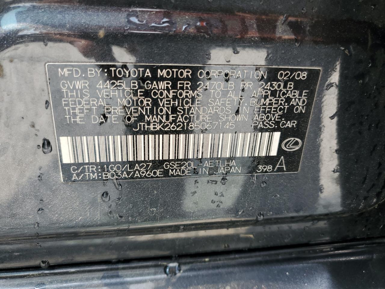 JTHBK262185067145 2008 Lexus Is 250