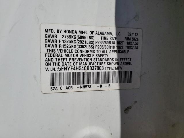 2012 Honda Pilot Exl VIN: 5FNYF4H54CB037003 Lot: 54646584