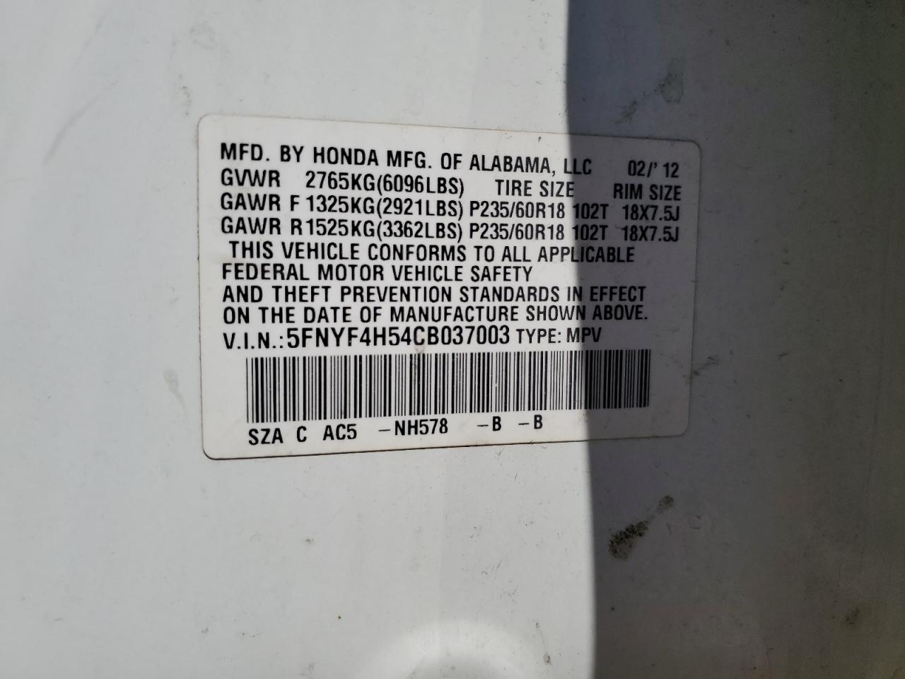 5FNYF4H54CB037003 2012 Honda Pilot Exl