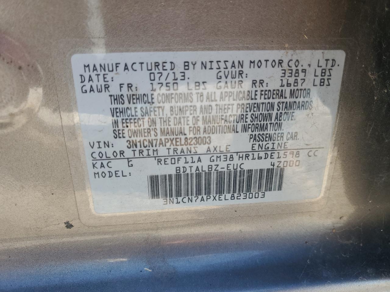 3N1CN7APXEL823003 2014 Nissan Versa S